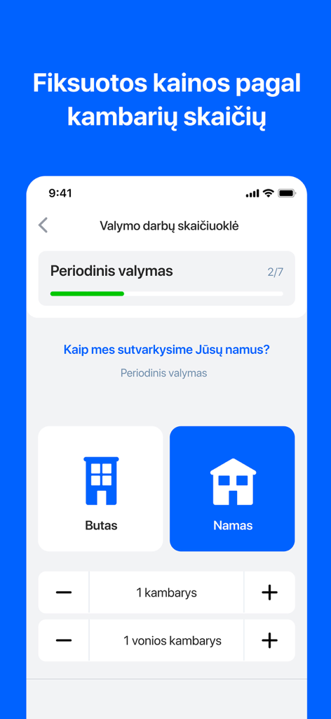 Interfaccia dell'app mobile InClean per selezionare il numero di stanze e bagni per un servizio di pulizia.