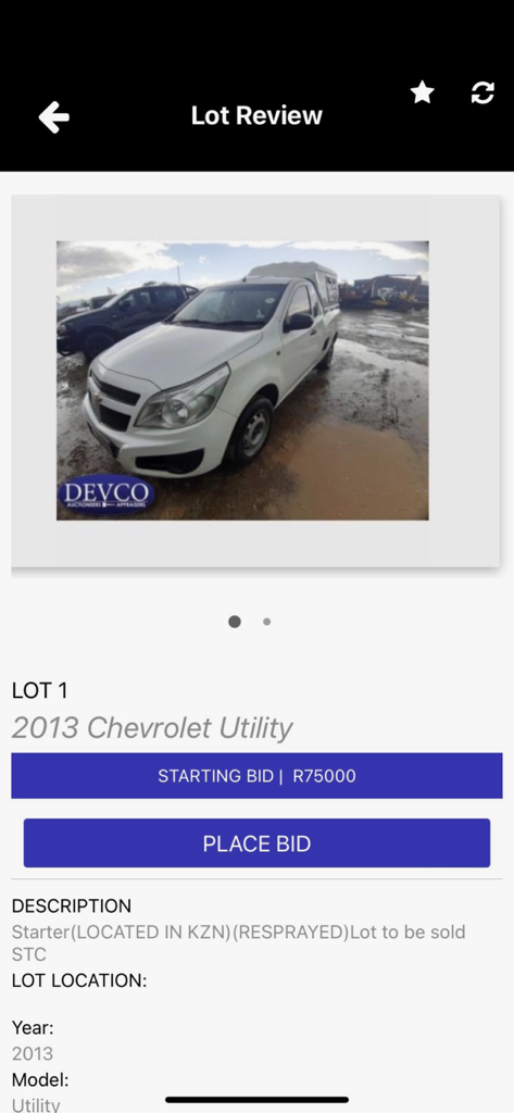 Devco Online - Auction listing for a 2013 Chevrolet Utility on the Devco Online mobile app featuring bidding options and vehicle details