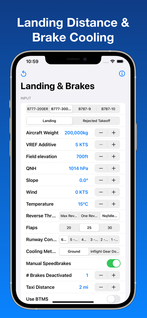 B777/787 Landing & Brake Tool - Landing and brake calculation interface for Boeing 777 and 787 aircraft