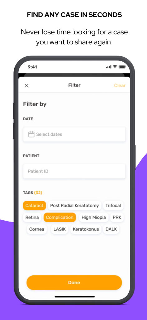 MicroREC App - MicroREC app screen showing options to filter surgical cases by date, patient ID, and medical tags like cataract and retina.