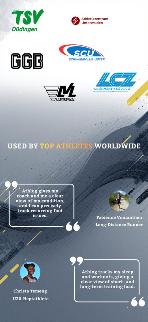 Athlog - Marketing image showcasing Athlog testimonials from a long-distance runner and a heptathlete along with logos of various professional sports clubs.