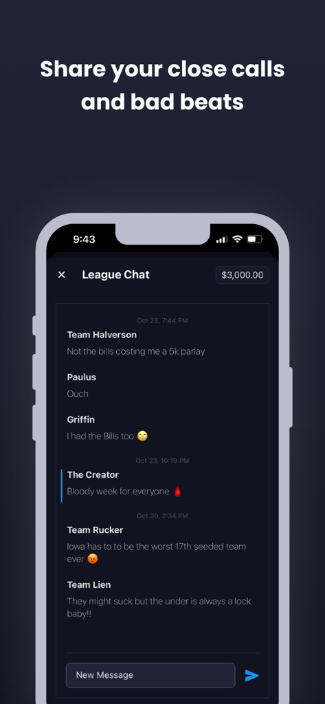 Parlay sports betting league chat screen showing social interactions