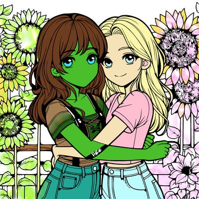 two realistic girls hugging  in a garden next to sunflowers