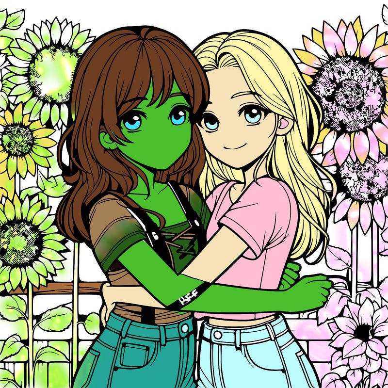 two realistic girls hugging  in a garden next to sunflowers