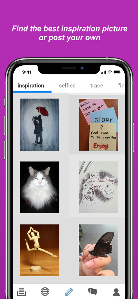 Draw With Me... - Mobile app interface showing a gallery of drawing inspiration photos and artistic prompts.
