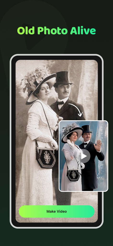 Pic Dance: AI Video Generator - A vintage black and white photo of a couple being transformed into a colorized animated video using AI