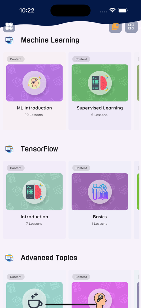 Course categories for Machine Learning and TensorFlow in the Learn Machine Learning PRO app interface
