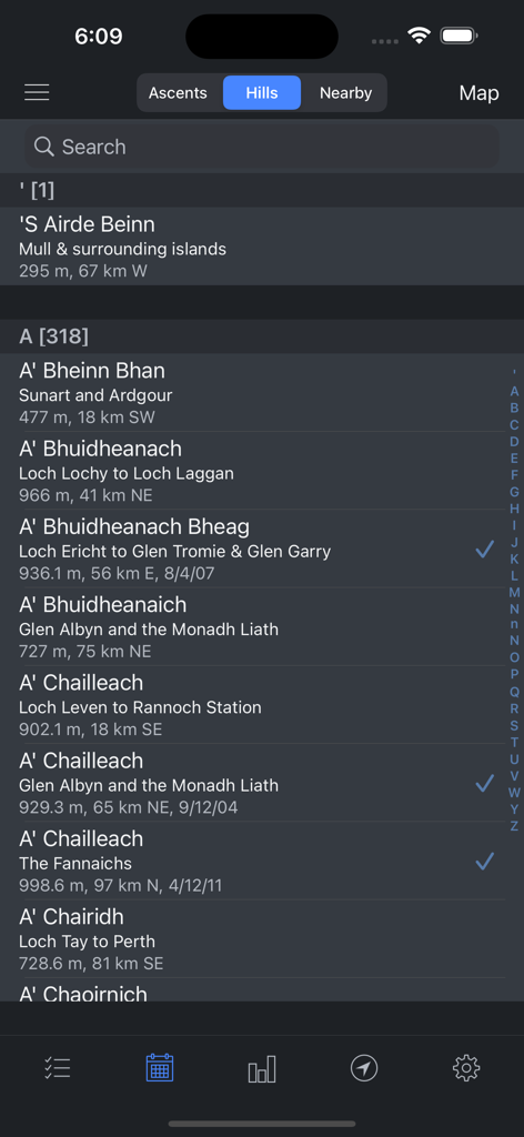 Hill Lists - Mobile app interface showing a searchable database of hills in Scotland with completion checkmarks and heights