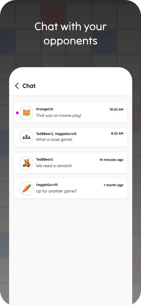 justplay (no ads) - Una schermata di chat pulita dell'app mobile che mostra messaggi dagli avversari nei giochi justplay