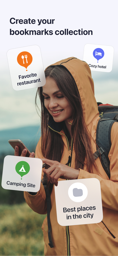 A woman traveler using her phone to organize bookmarks for restaurants hotels and camping sites in the MAPS.ME app