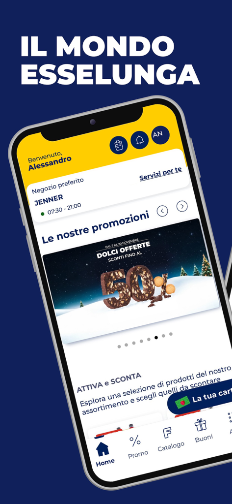 Esselunga mobile app home screen featuring grocery promotions and store services