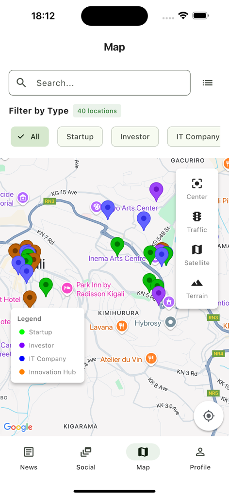 Una mappa di Kigali che mostra startup tecnologiche, investitori e aziende IT all'interno dell'app Rwanda Tech News.