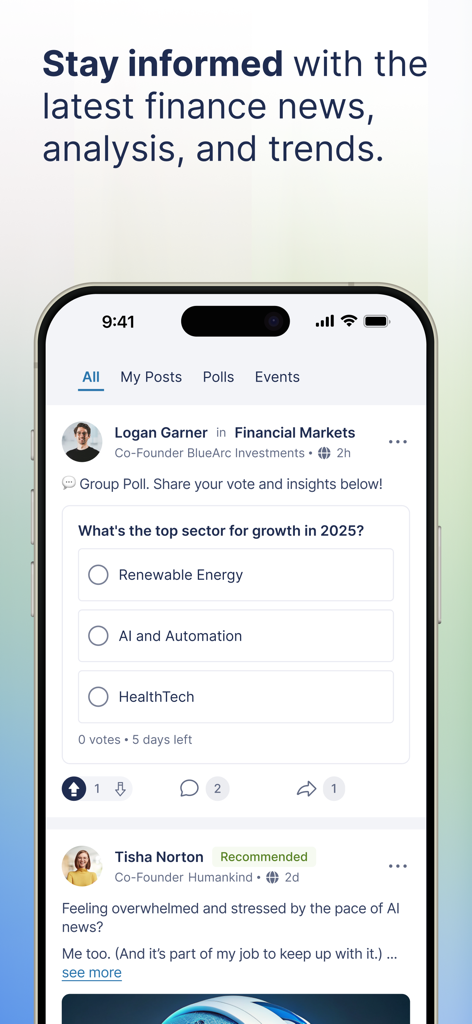UCapital - UCapital app screen showing a financial social media feed with a sector growth poll and professional posts.