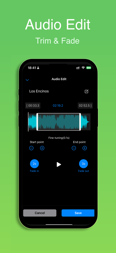 Any MP3 Player - Offline Music - Mobile app interface for editing audio files with trim and fade functions