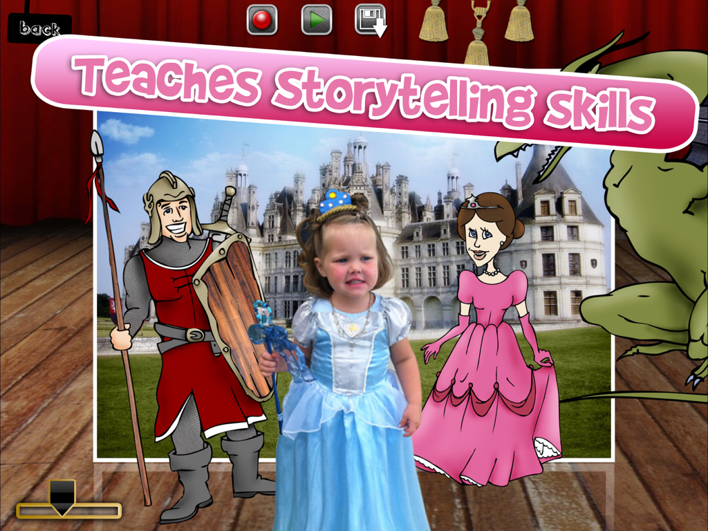 Un escenario de teatro de títeres en la aplicación Puppet Pals con la foto de un niño utilizada como actor.