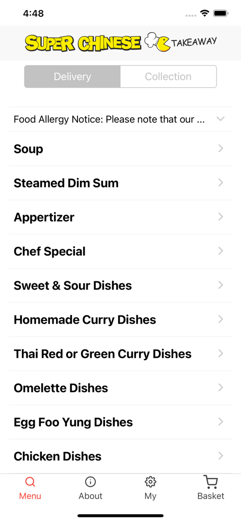 Super Chinese Takeaway - Super Chinese Takeaway mobile app menu interface showing categories like dim sum chef specials and curry dishes with delivery and collection options