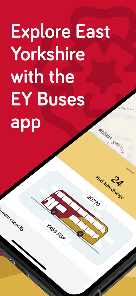 Promotional screen for the East Yorkshire Buses app showing a double-decker bus icon and route details for Hull Interchange.