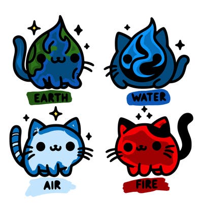 4 cats that represent the different elements, earth, water, air, and fire