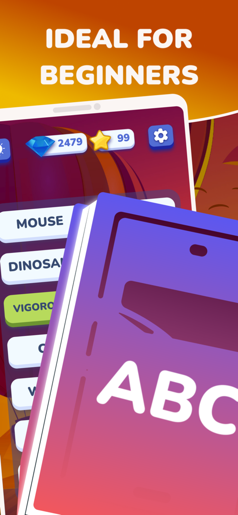 Interface of Learn English with Momo app showing vocabulary words for beginners with gamified rewards