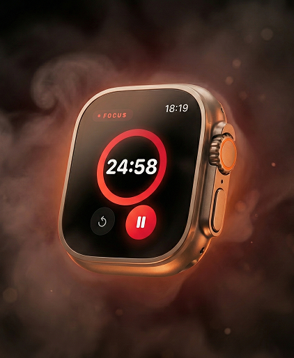 Pomodoro Timer: Focus Watch - Tela do Apple Watch exibindo a interface do aplicativo Pomodoro Timer com um anel de contagem regressiva vermelho