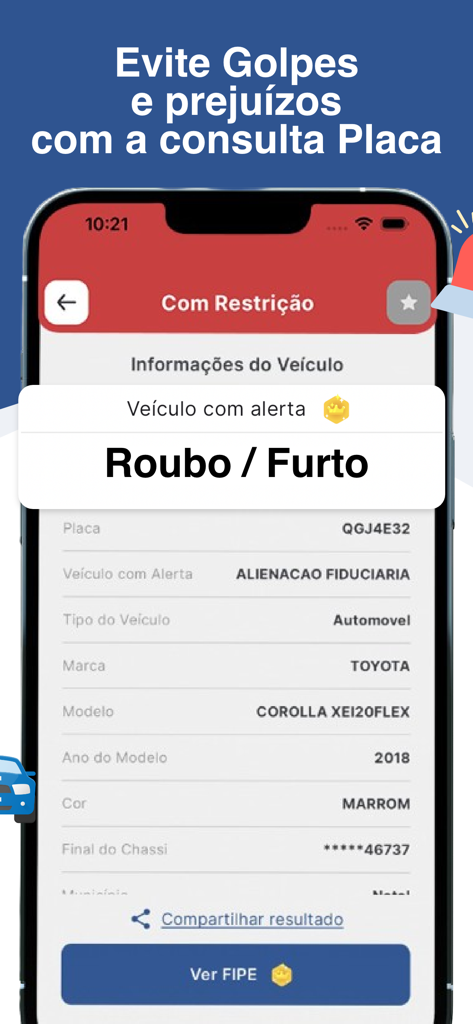 Consultar placa carro: Multa - Tela de smartphone exibindo um alerta de roubo de veículo e informações detalhadas para um Toyota Corolla em um aplicativo automotivo brasileiro.