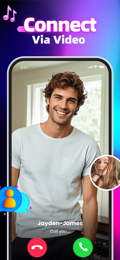 Covit：Adult Chat Together, Fun - A smartphone interface showing a one on one video call between two users in the Covit app with the text Connect Via Video.