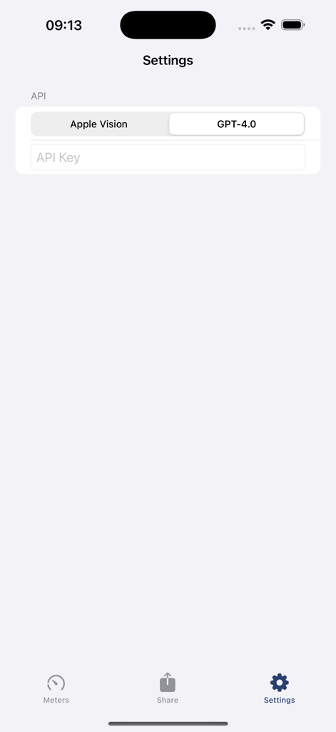 MeterPix - Settings screen of the MeterPix app showing API options for Apple Vision and GPT-4 selection.