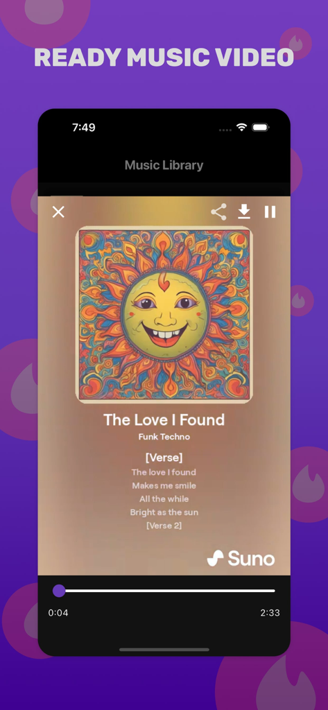 AI Music Generator - Sonora Ai - Sonora AI mobile app interface showing a generated music video with lyrics and custom artwork.