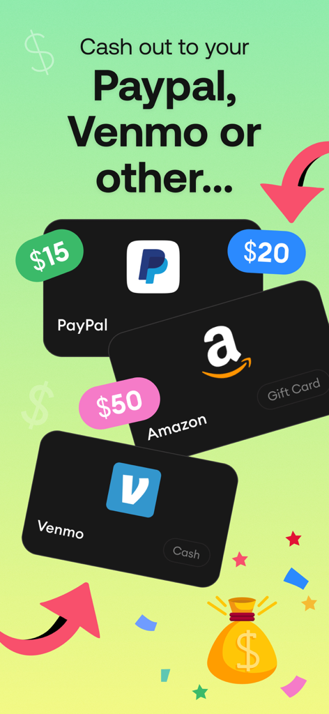 HeyCash - Earn Free Cash Now - Pantalla de la aplicación HeyCash mostrando opciones de pago para PayPal, Venmo y tarjetas de regalo de Amazon