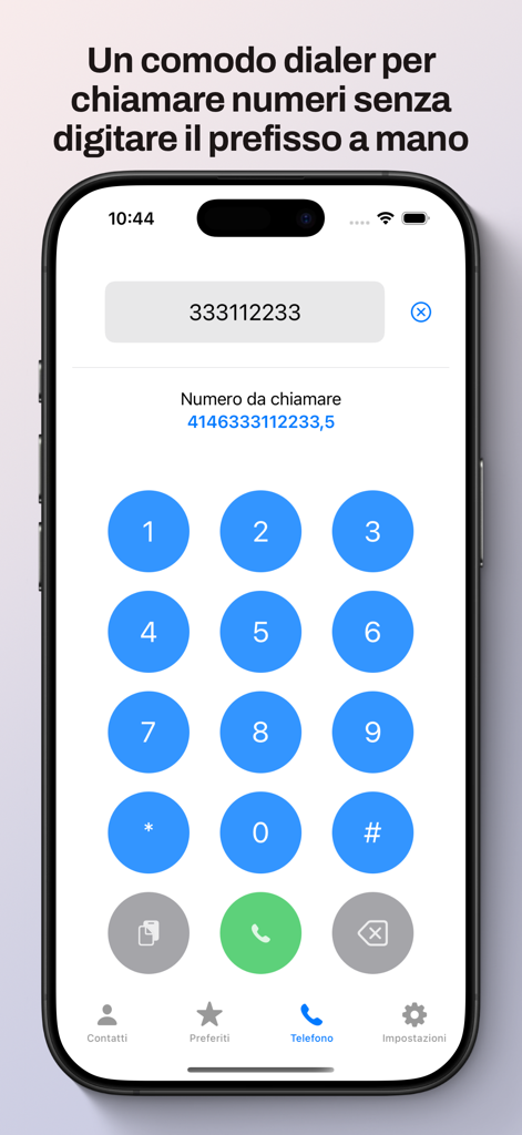 iOS-style dialer interface of the Corporate Call app showing a phone number with an automatically added prefix.