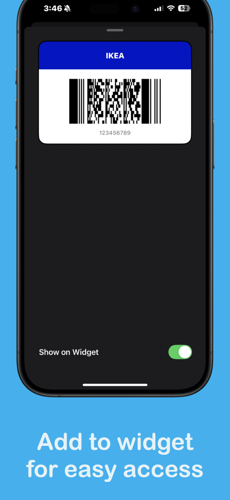 CardVault - Tarjeta de fidelidad digital de IKEA en CardVault con un interruptor para habilitar el acceso al widget de pantalla de inicio