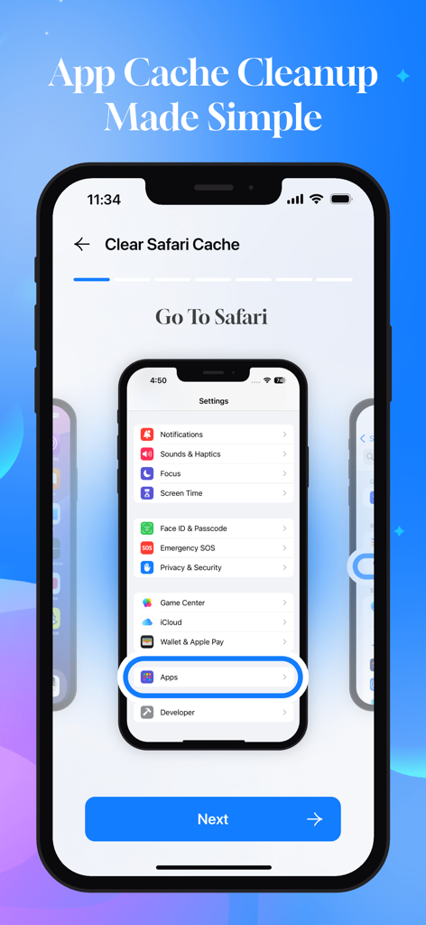 Pantalla de tutorial paso a paso dentro de la aplicación Cleaner Assistant que muestra cómo limpiar la caché de Safari en un iPhone
