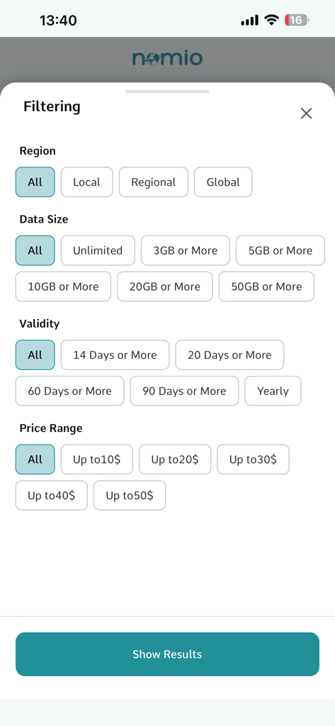 Nomio: eSIM Travel & Internet - Interface for filtering travel eSIM plans by region data size validity and price range