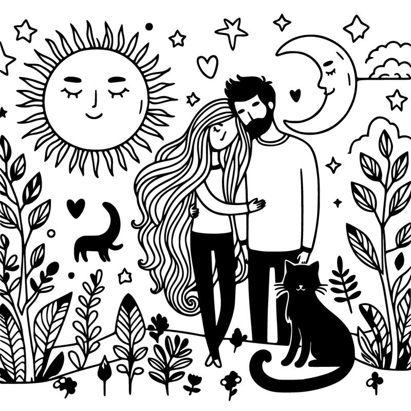 couple in love with a black cat and nature and the moon and stars and sun