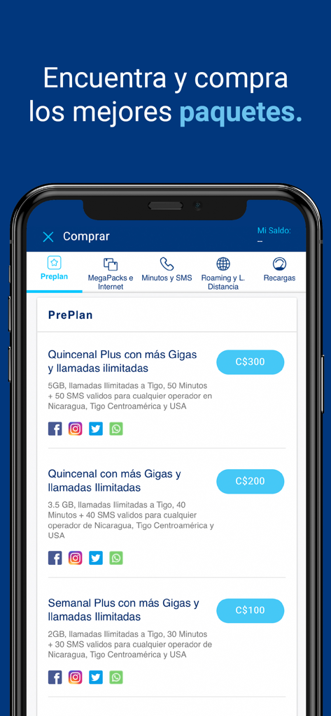 Interface showing prepaid mobile plans in Mi Tigo Nicaragua app