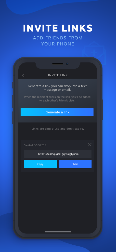 Steam Chat mobile app screen demonstrating the invite links feature to add friends from your phone