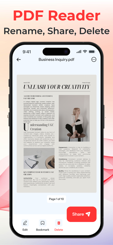 All PDF Reader - iPhoneのAll PDF Readerアプリが表示されており、ビジネス文書に共有、ブックマーク、編集オプションがあります