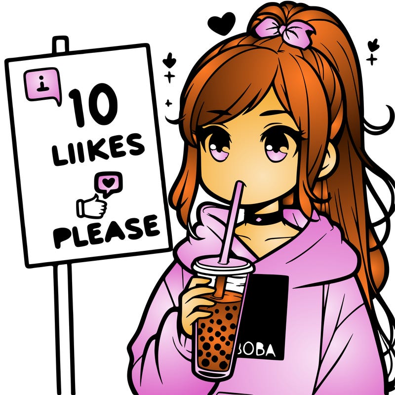 girl with a high ponytail and a hoodie drinking boba staring at a sign saying 10 likes please