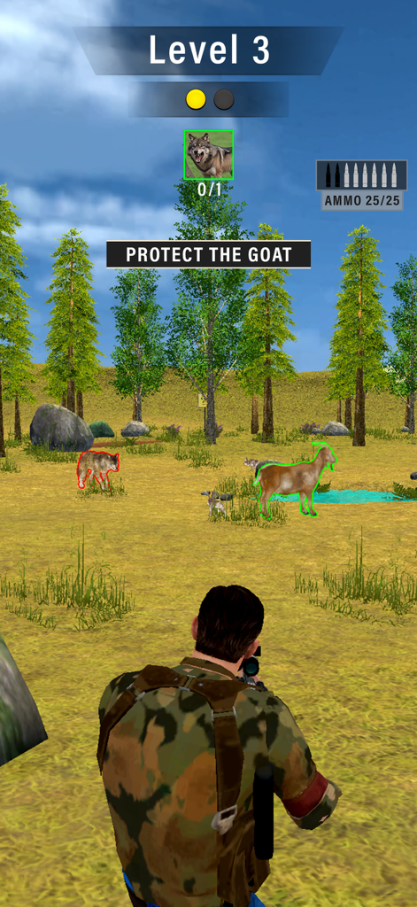 Animal Shooter: Wild Hunt - Uma visão de jogo em terceira pessoa de um caçador mirando um rifle em um lobo para proteger uma cabra em um cenário de floresta