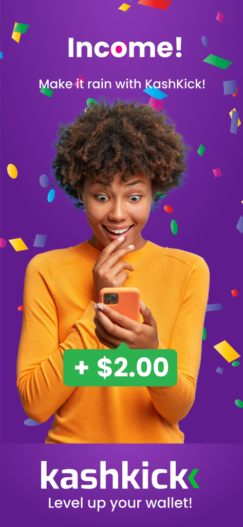KashKick: Get paid to have fun - Mujer joven emocionada usando la aplicación KashKick para ganar recompensas adicionales en efectivo