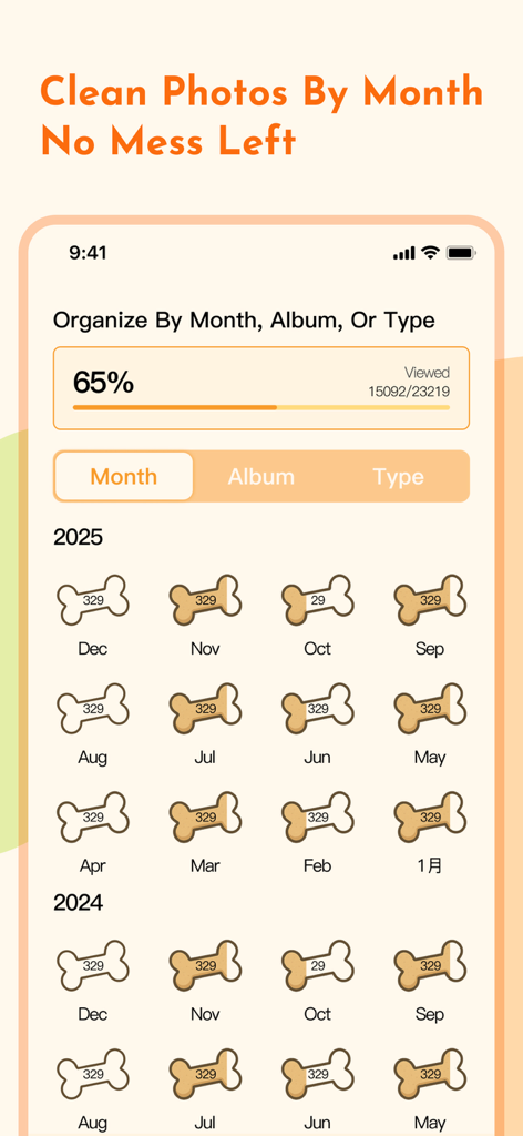 Photo Deleter: Photo Cleaner - Pantalla de organización de fotos que muestra carpetas mensuales representadas por iconos de huesos de perro.