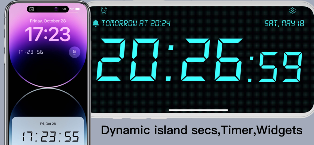 Bedside Clock - Time widgets - iPhone zeigt große digitale Uhr-Widgets auf dem Sperrbildschirm und im Querformat-Standby-Modus