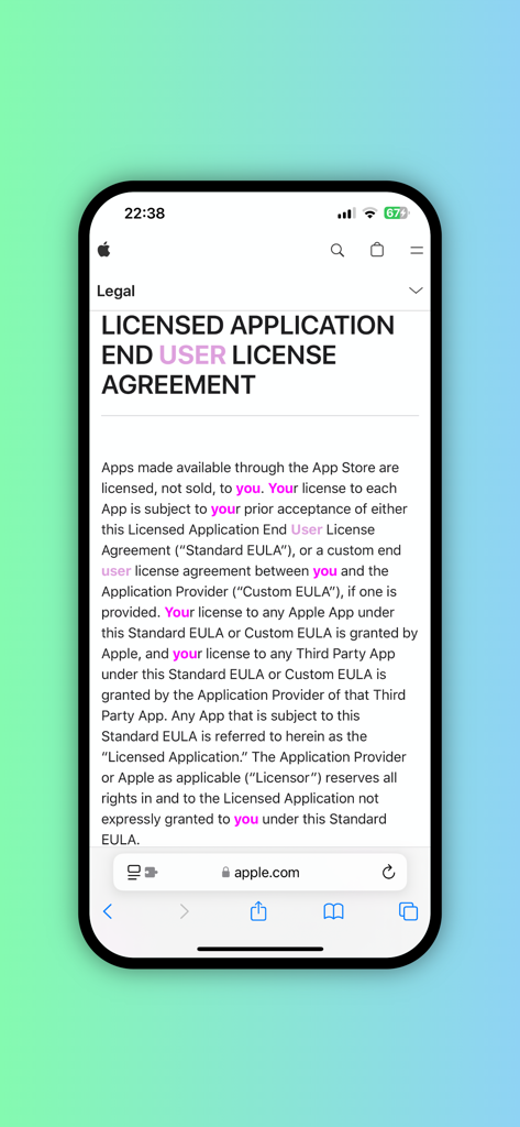 Extensión de Safari Resaltador de Palabras Clave mostrando resaltados de texto rosa en un documento legal en un iPhone