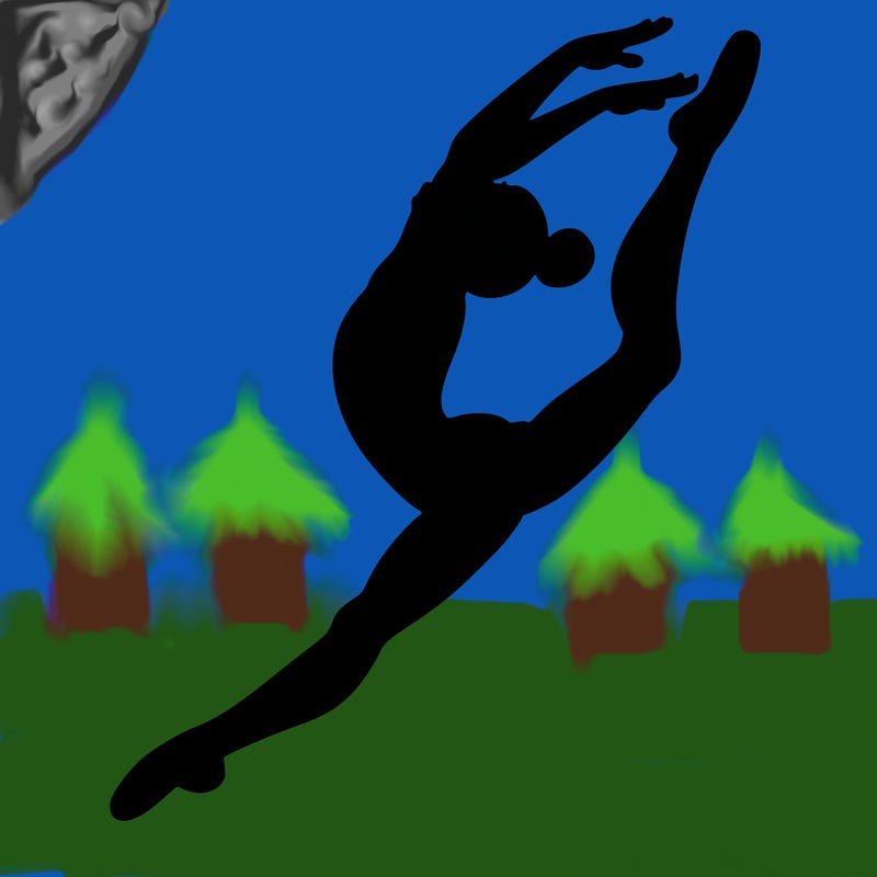 gymnast doing a leap in a leotard with a bent back leg