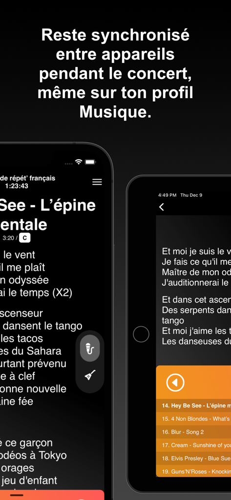 Setlist Live - Setlist Live app interface showing synchronized lyrics and song setlists on multiple devices for a band