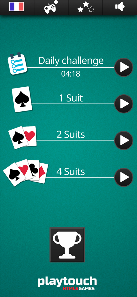 ⋆ Spider Solitaire Card Game ⋆ - Spider Solitaire game menu showing play modes for 1 suit, 2 suits, 4 suits, and daily challenges on a green felt background.