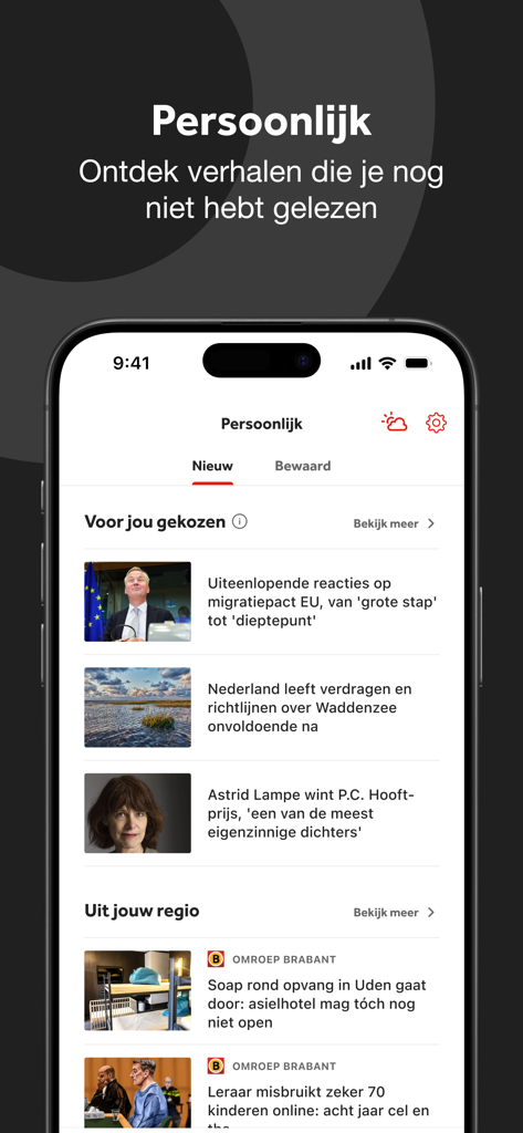 NOS - Tela de feed de notícias personalizado do aplicativo NOS com notícias holandesas e atualizações regionais