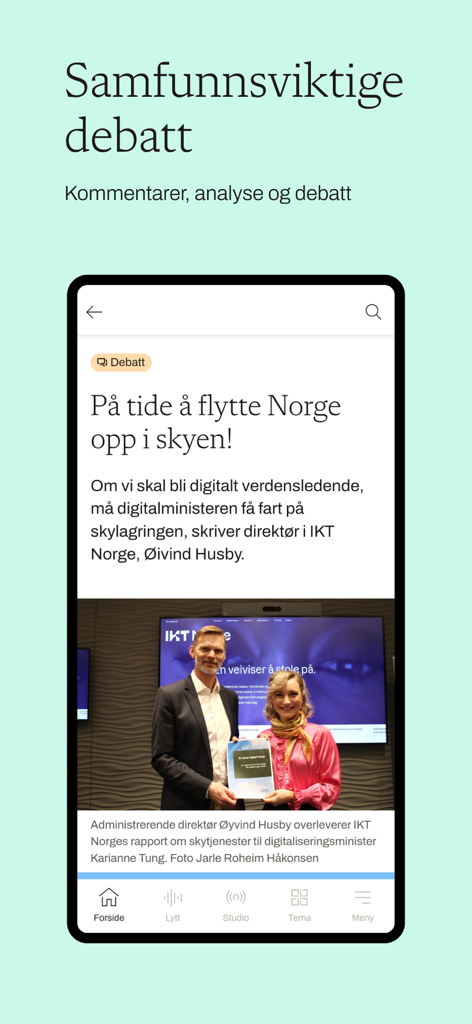 Digi.no - Digi.no-App zeigt einen Tech-Debattenartikel über Cloud Computing in Norwegen.