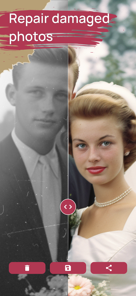FixMyPics - Restore Old Photos - 白黒で傷のある写真が、若いカップルの鮮明なカラー画像に復元されたビフォーアフターの分割画面