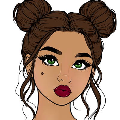 realistic girl with two buns on her hair and lips